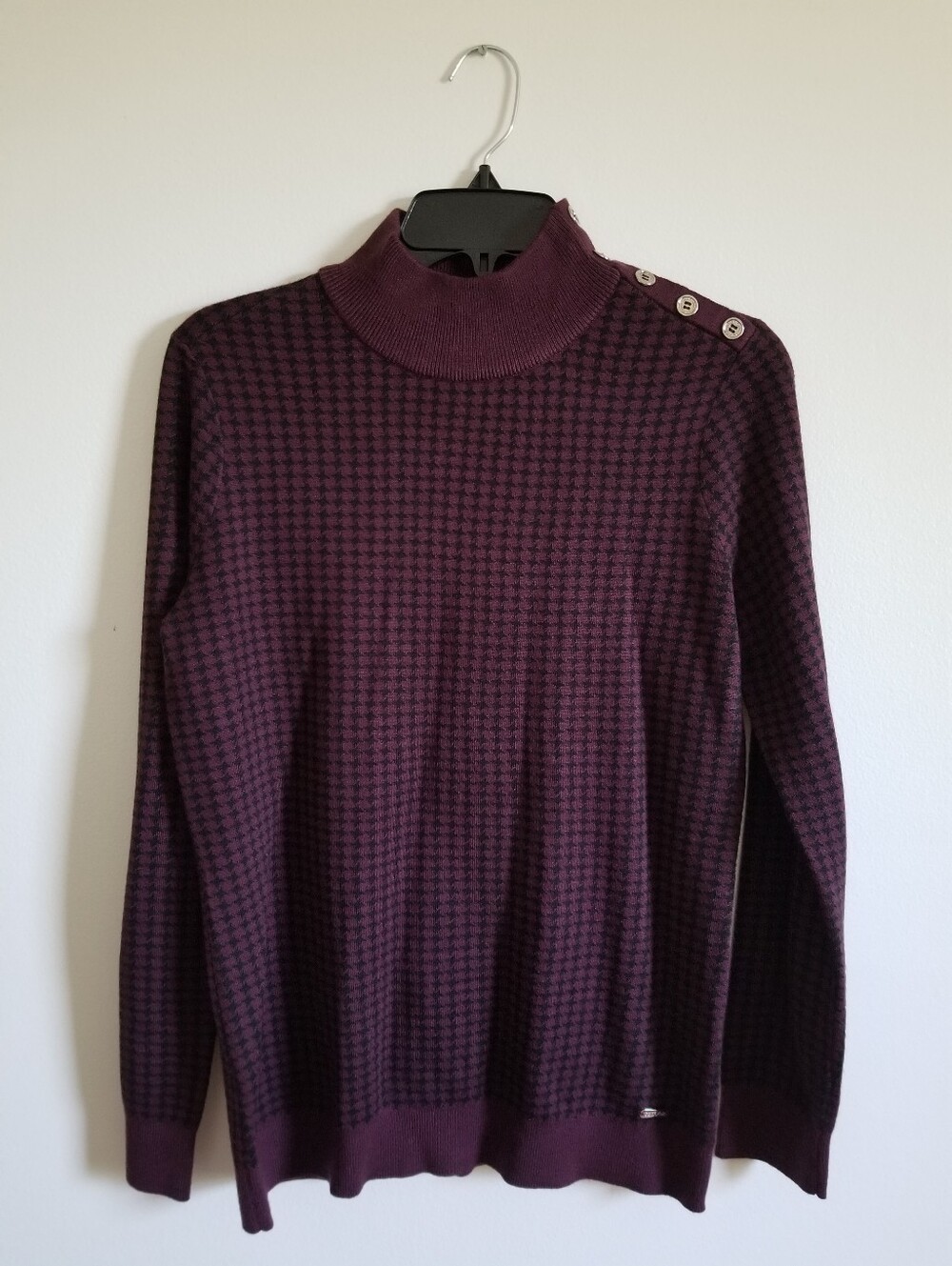 Calvin Klein Women's Plum Houndstooth Turtleneck Sweater with Shoulder Buttons